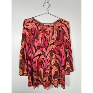 Sunny Leigh Pink‎ Brown Tropical Leaf Pleated Feminine Babydoll Blouse XL